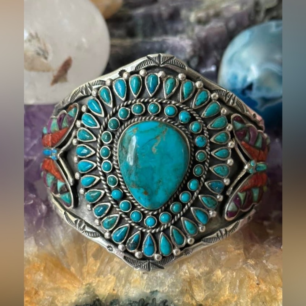 Amazing huge turquoise butterfly inlay sterling silver cuff